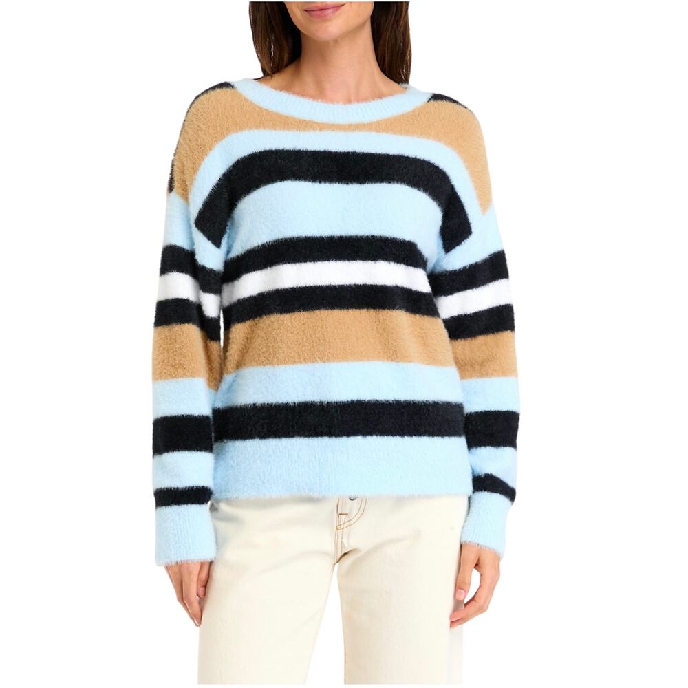 Wonderly Crew Neck Eyelash Pullover Sweater, Blue Black Stripe, Medium